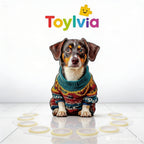 Completed wooden jigsaw puzzle of a dog wearing a colorful sweater by Toylvia.