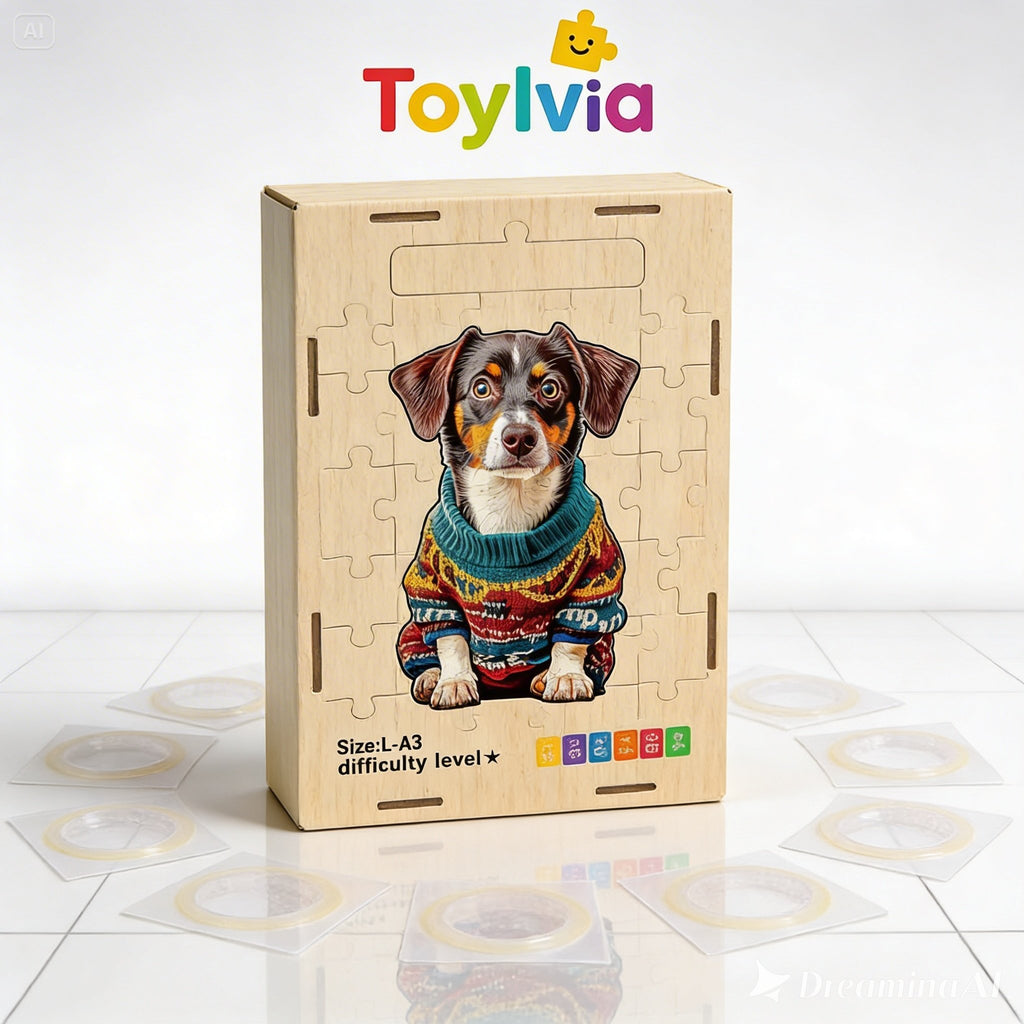Wooden puzzle box featuring a dog in a sweater, branded by Toylvia on a white background