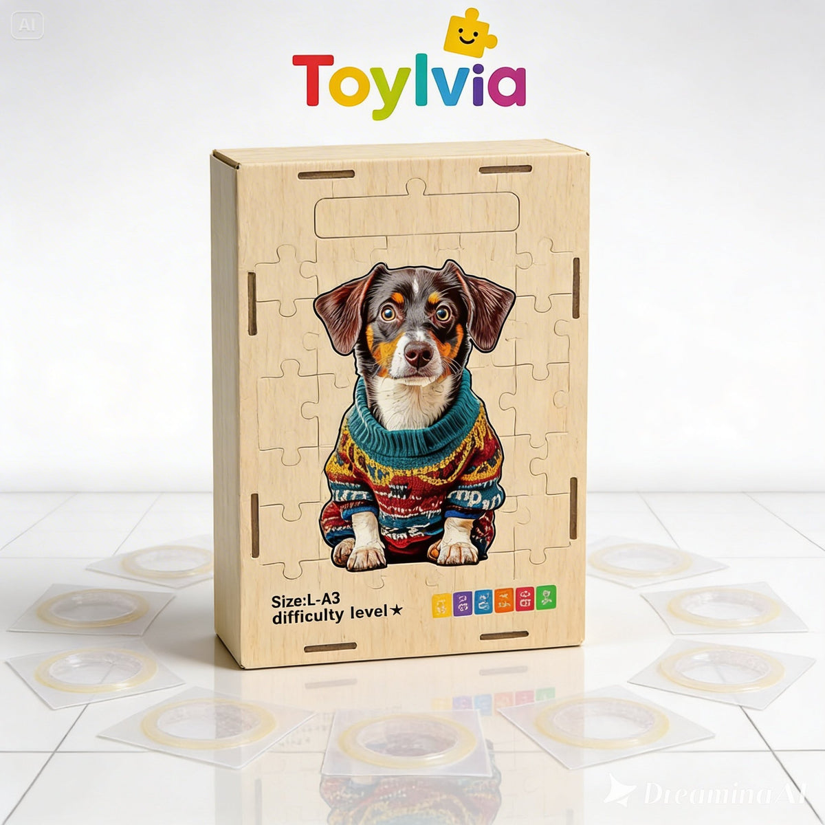 Wooden puzzle box featuring a dog in a sweater, branded by Toylvia on a white background
