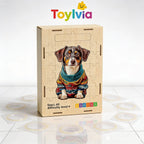 Wooden puzzle box featuring a dog in a sweater, branded by Toylvia on a white background