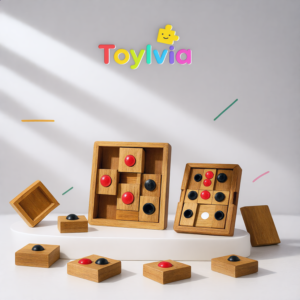 Two different wooden Huarong Road logic puzzle boards shown together with scattered sliding pieces.