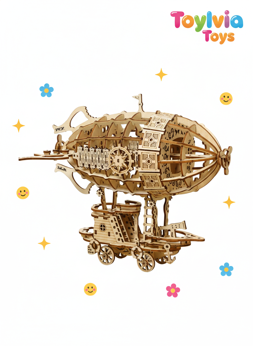 Wooden model of a steampunk airship on a white background with 'Toylivia Toys' branding.