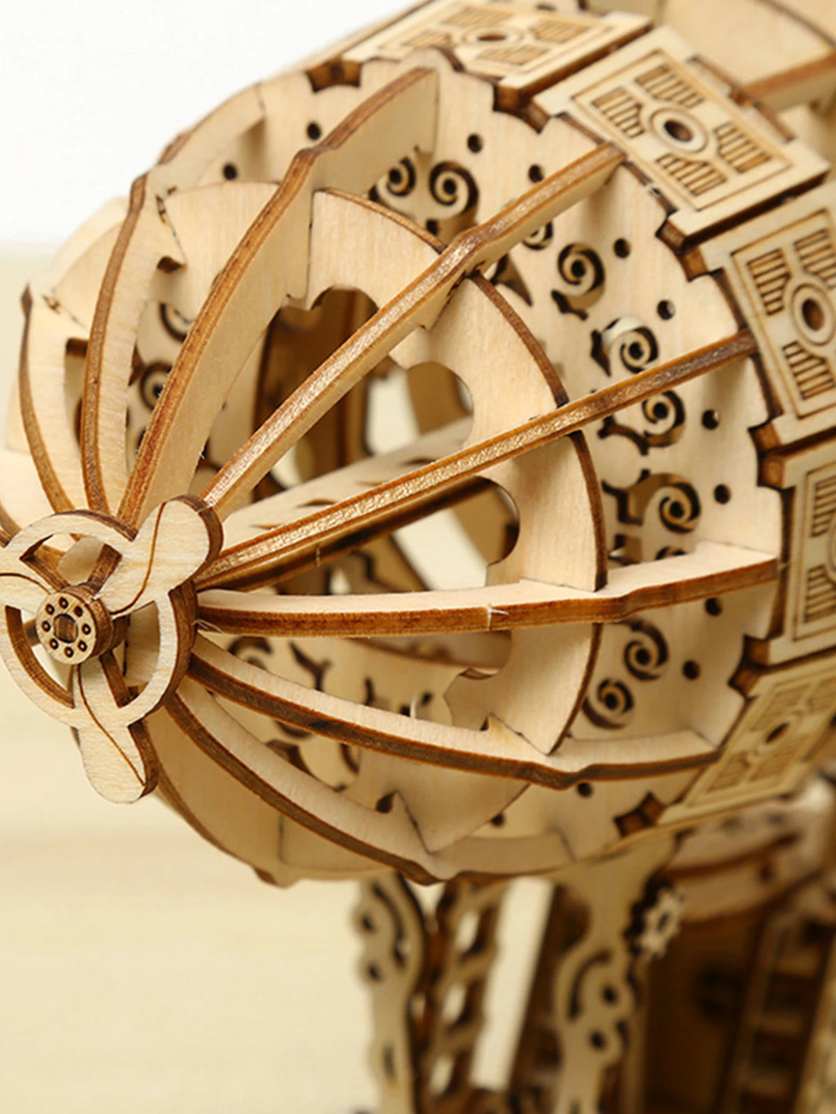 Close-up of the front structure of a wooden steampunk airship 3D puzzle model