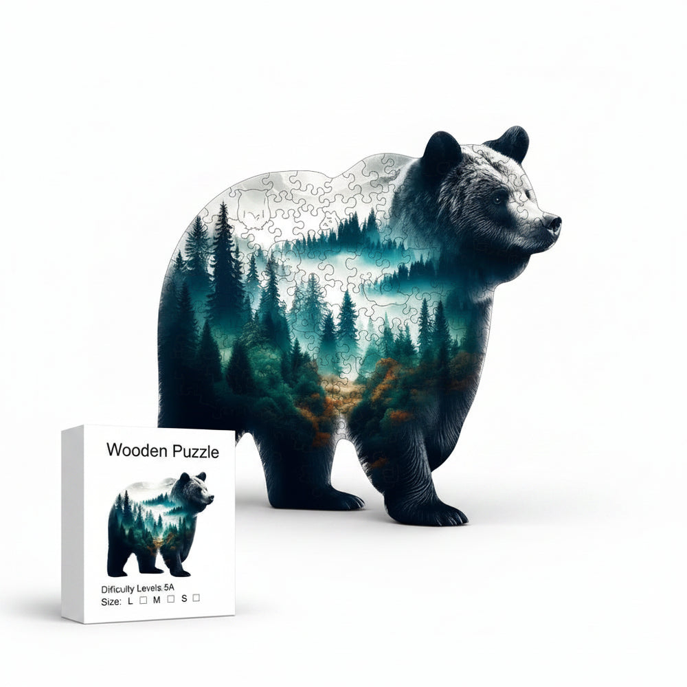 Woodland Bear Silhouette Wooden Jigsaw Puzzle Unique Wildlife Art Puzzle