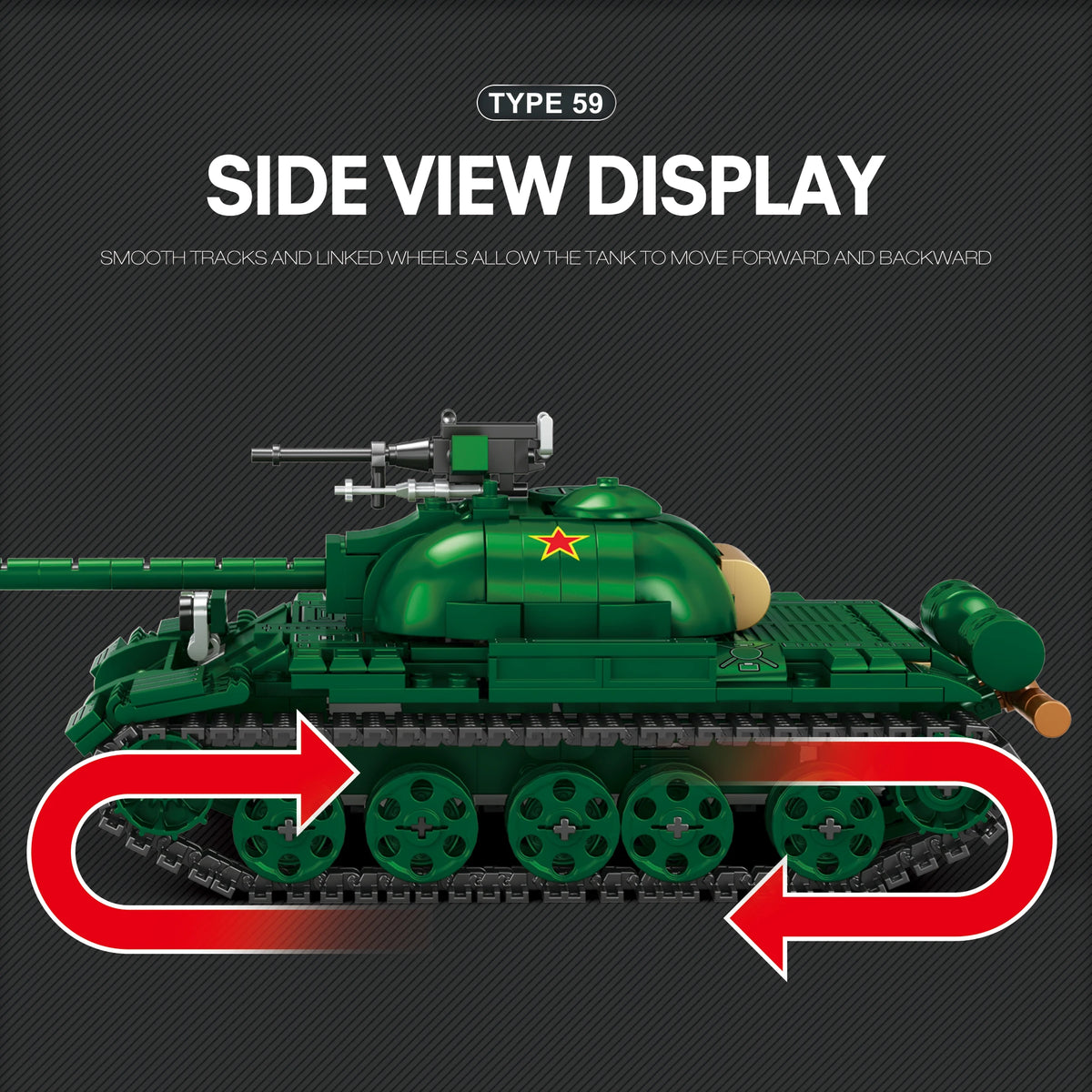 Model tank with green color and red star on a black background