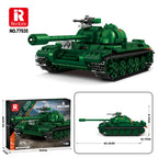 Green toy tank model with Reobrix branding, packaging, and dimensions displayed.