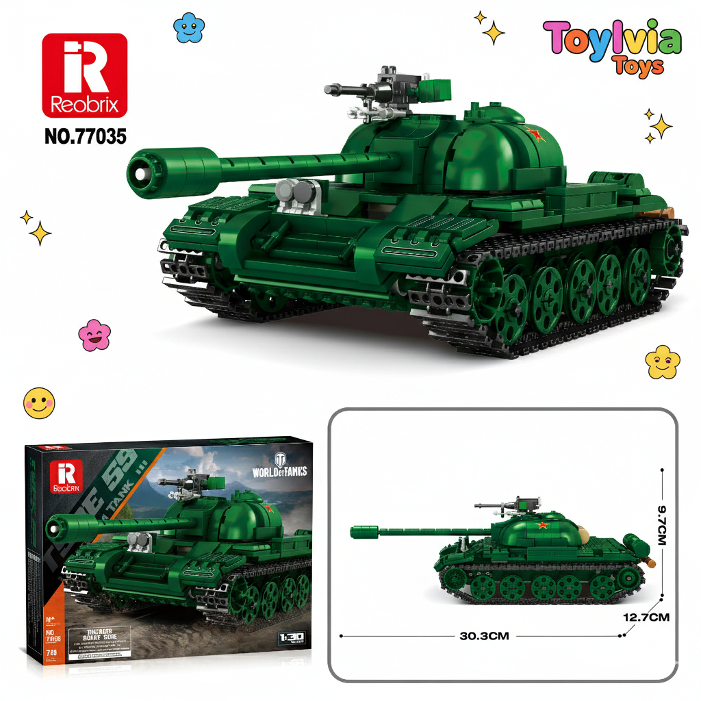 Green toy tank with packaging and dimensions displayed, featuring Reobrix and ToyLivia Toys branding.