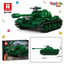 Green toy tank with packaging and dimensions displayed, featuring Reobrix and ToyLivia Toys branding.