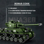 Toy tank model with bonus code text on a dark background