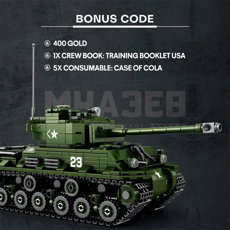 Toy tank model with bonus code text on a dark background