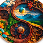Macro detail of the Yin Yang nature puzzle showing landscape, interlocking pieces, and basswood edge