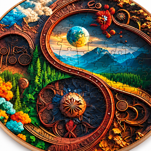 Yin Yang Nature Wooden Jigsaw Puzzle Animal-Shaped Pieces Scenic Art - alternate view
