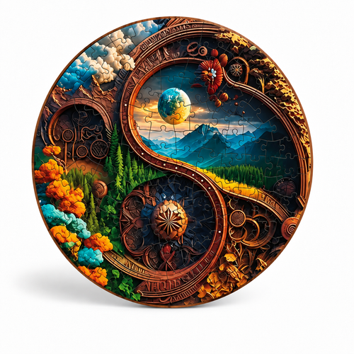 Completed circular Yin Yang nature wooden jigsaw puzzle