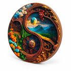 Three-quarter studio view of the assembled Yin Yang nature wooden puzzle showing its wood edge