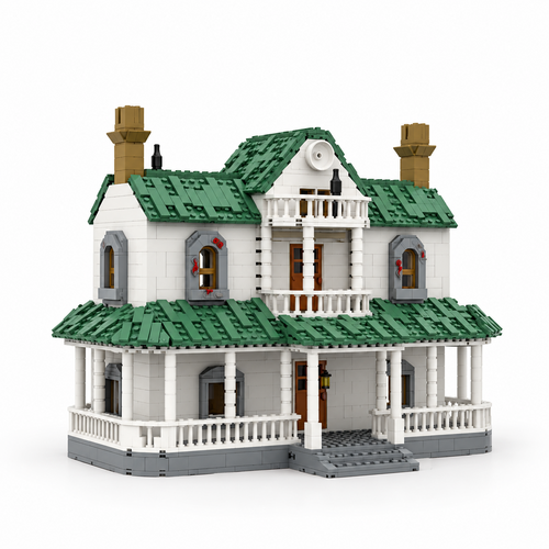 Two-storey white farmhouse building set with green roof, wraparound porch, balcony and twin chimneys