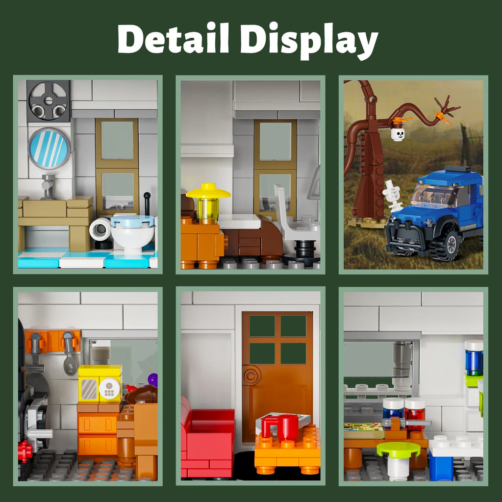 Collage of detailed miniature models including a bathroom, kitchen, and outdoor scene on a green background.