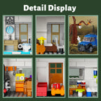 Collage of detailed miniature models including a bathroom, kitchen, and outdoor scene on a green background.