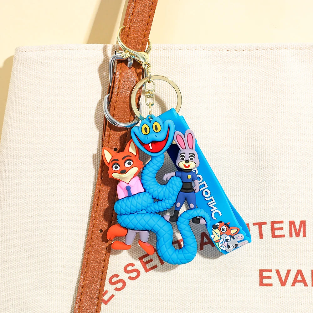 Zootopia 2 Gary blue snake keychain used as backpack charm on canvas bag