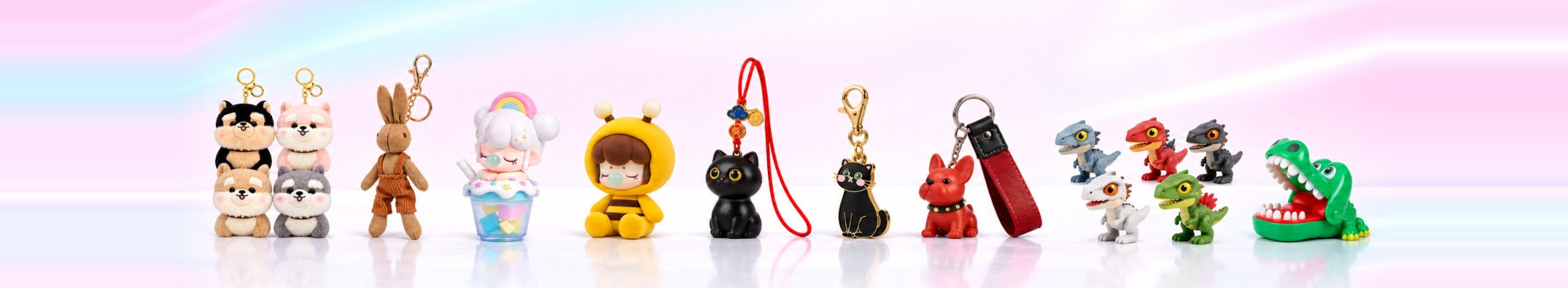 More products: Plush Set, Bow Rabbit, Milk Tea Nanci, Party Nanci, Ebony Cat, Cat Charms, Punk Bulldog, Finger Dino, Croc Bite