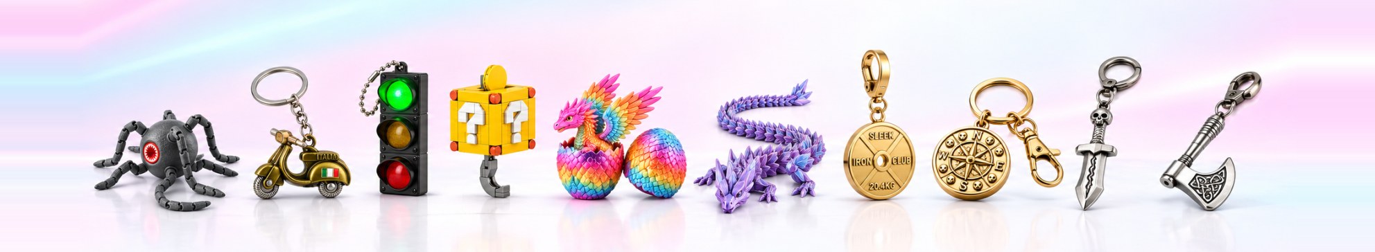 More products: Sea Monster, Vespa Charm, Traffic Light, Mystery Block, Dragon Eggs, Crystal Dragon, Barbell Plate, Skull Compass, Holy Sword, Punk Axe