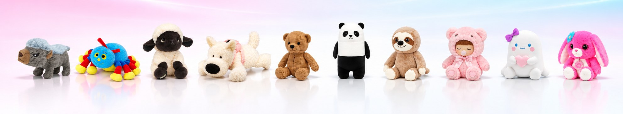More products: Squeaky Dog, Branch Spider, Fluffy Sheep, Schnauzer Pack, Knitted Friends, Velvet Pillow, Heating Sloth, Nanci Blind Box, Ghost Plush, Mystery Pet