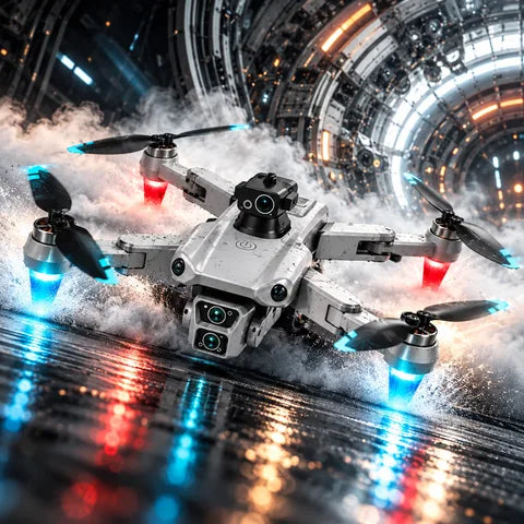 Drone drifting through a wet hangar