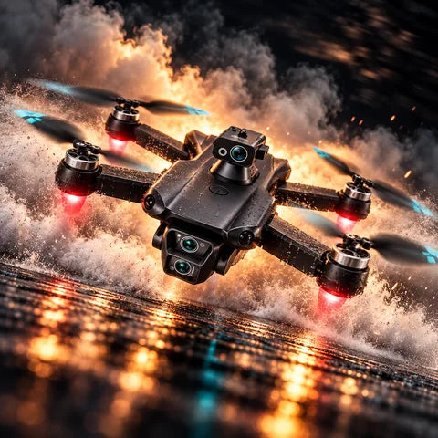 Black drone in smoke and sparks
