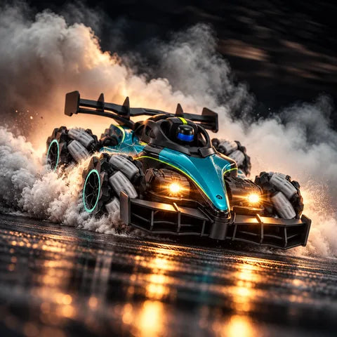 RC racer drifting through smoke