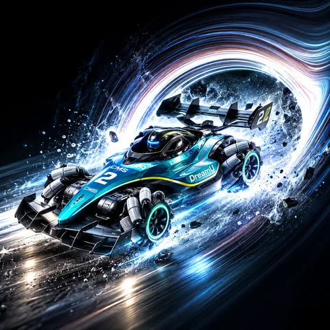 RC racer bursting through a vortex