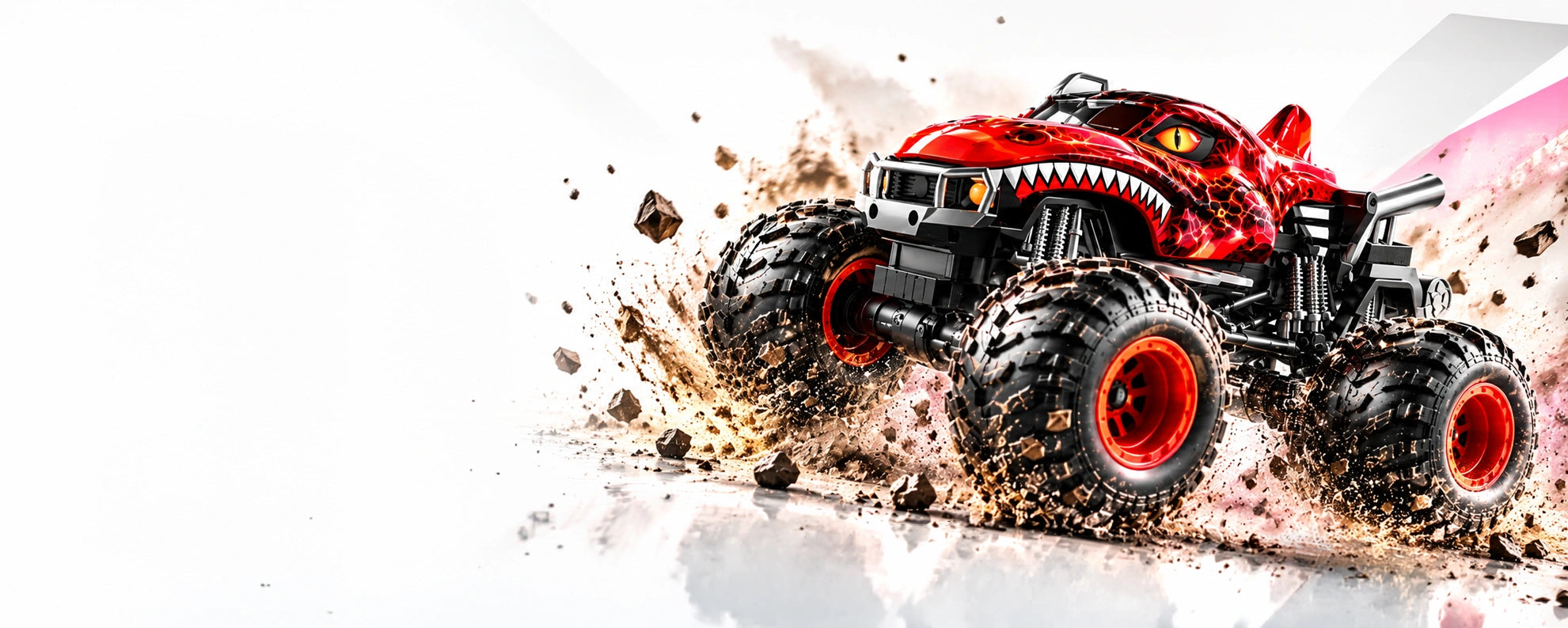Red dinosaur-style monster truck kicking up dirt on a clean white background