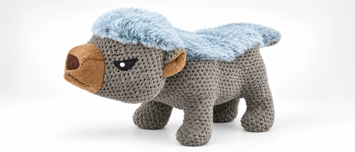 Standing Flat-Headed Plush Dog Toy with Squeaky Tummy & Embroidery